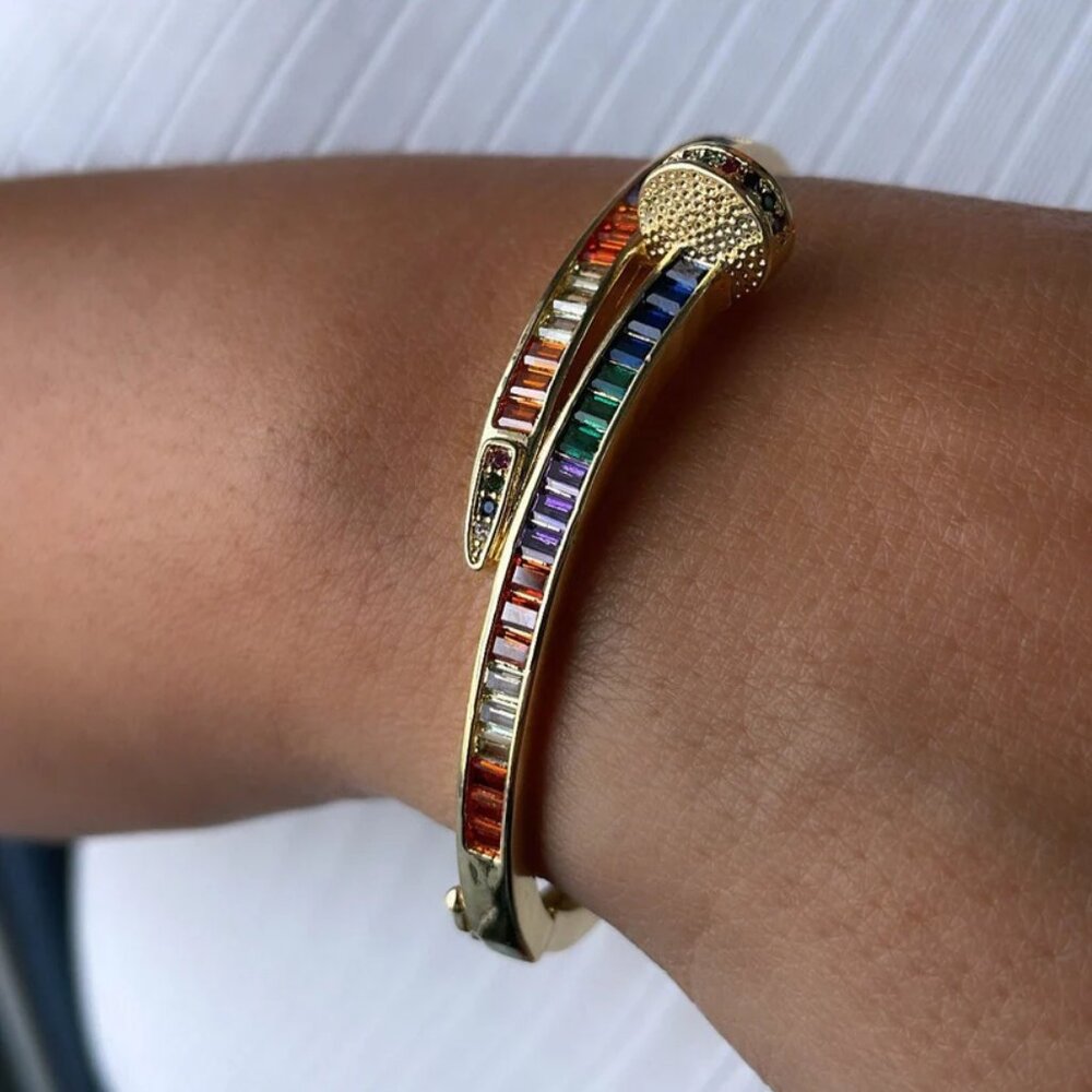 Neiman Marcus 18k Gold Filled Nail Structure Baguette Crystal Cuff Bracelet